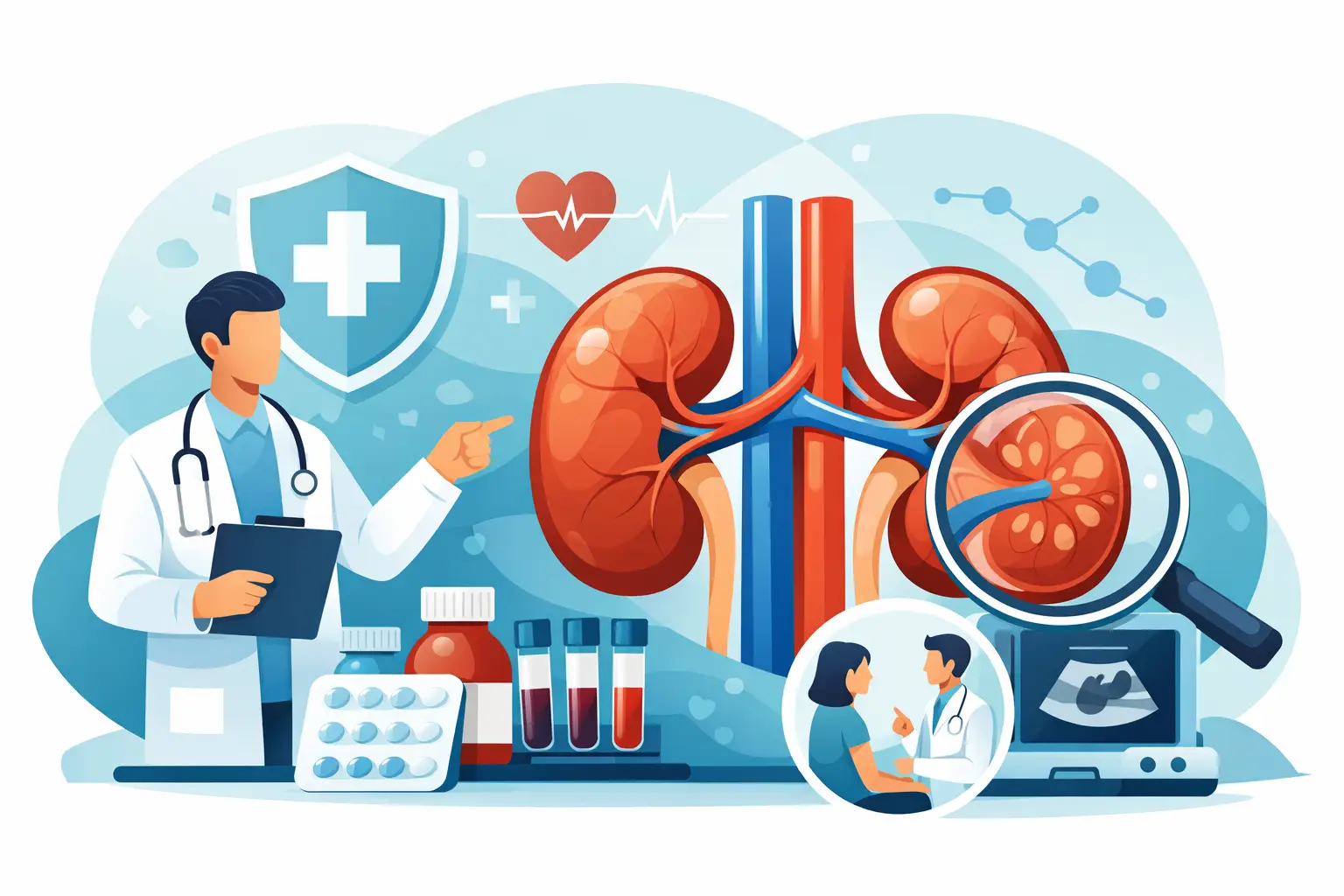 A patient consulting a physician, representing integrated internal medicine and kidney care